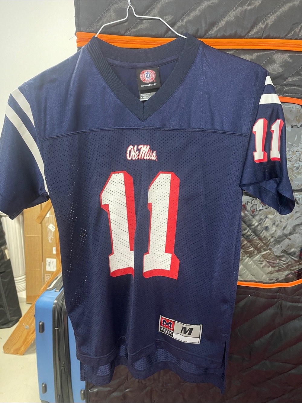 Genuine Merchandise Navy Blue Football Jersey with White & Red #11